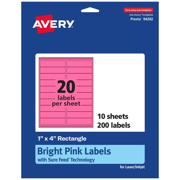 Avery Printable Rectangle Labels, Bright Pink, 1" x 4", 200ct