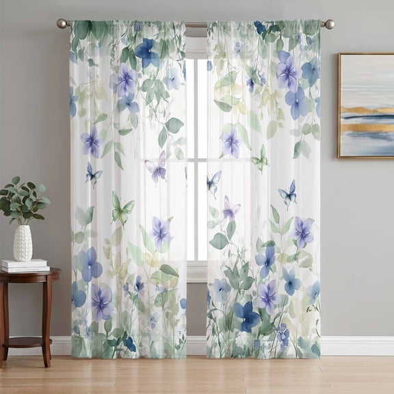 Leaf Butterfly Sheer Curtains 72 Inch Length 2 Panels Set, Watercolor Sage Green Purple Floral Voile Window Treatment Rod Pocket Curtains Sheers Drapes for Bedroom/Living Room/Kitchen 52"x72"x2