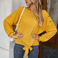 thumbnail image 4 of Gvmfive Women Knot Twist Front Solid Side Buttons Hem Long Sleeve Casual Loose Tops L, 4 of 5