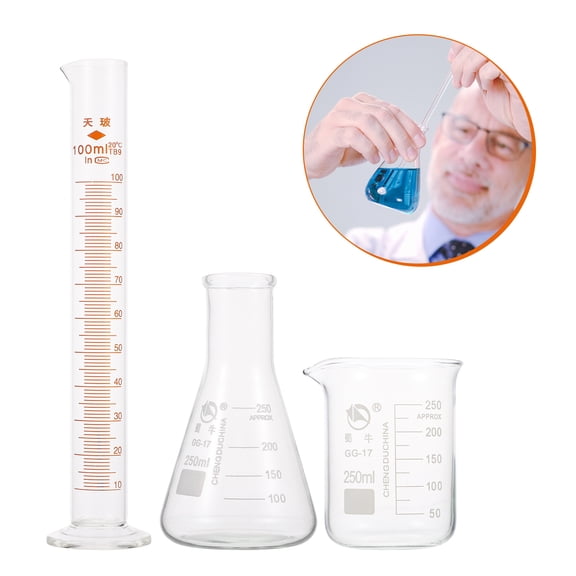 1 Set Scientific Teaching Tool Glass Beaker Measuring Cylinder Conical Bottle