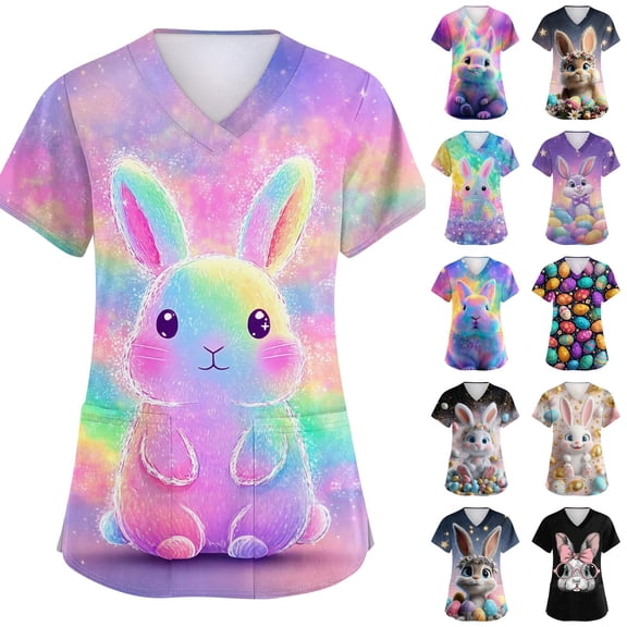 LTTVQM Easter Scrub Tops for Women 2026 Rabbit Eggs Graphic Happy Short Sleeve Clothes Comfortable V-Neck Holiday Scrub Tops with Pockets Light pink L