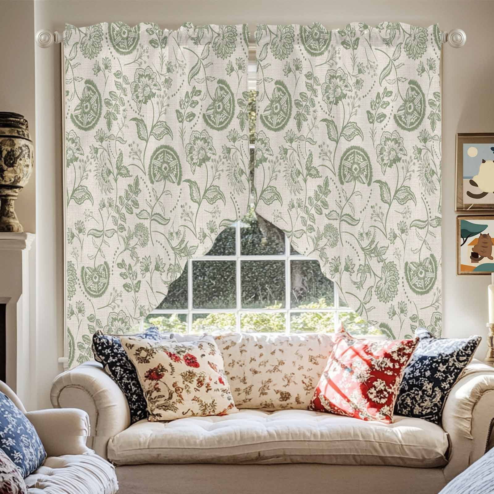 Farmhouse Sage Green Floral Swag Valances for Windows 2 Pack Linen Boho Paisley Flower Rustic Swag Kitchen Curtains 63 Inches Long Rod Pocket Short Window Treatment for Kitchen Bathroom 36"x63"