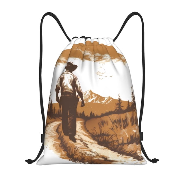 Xecao Western Cowboy Countryside Pattern Sports Drawstring Backpack - String Swim Gym Bag with Wet Proof Pocket for Women&Men-Small