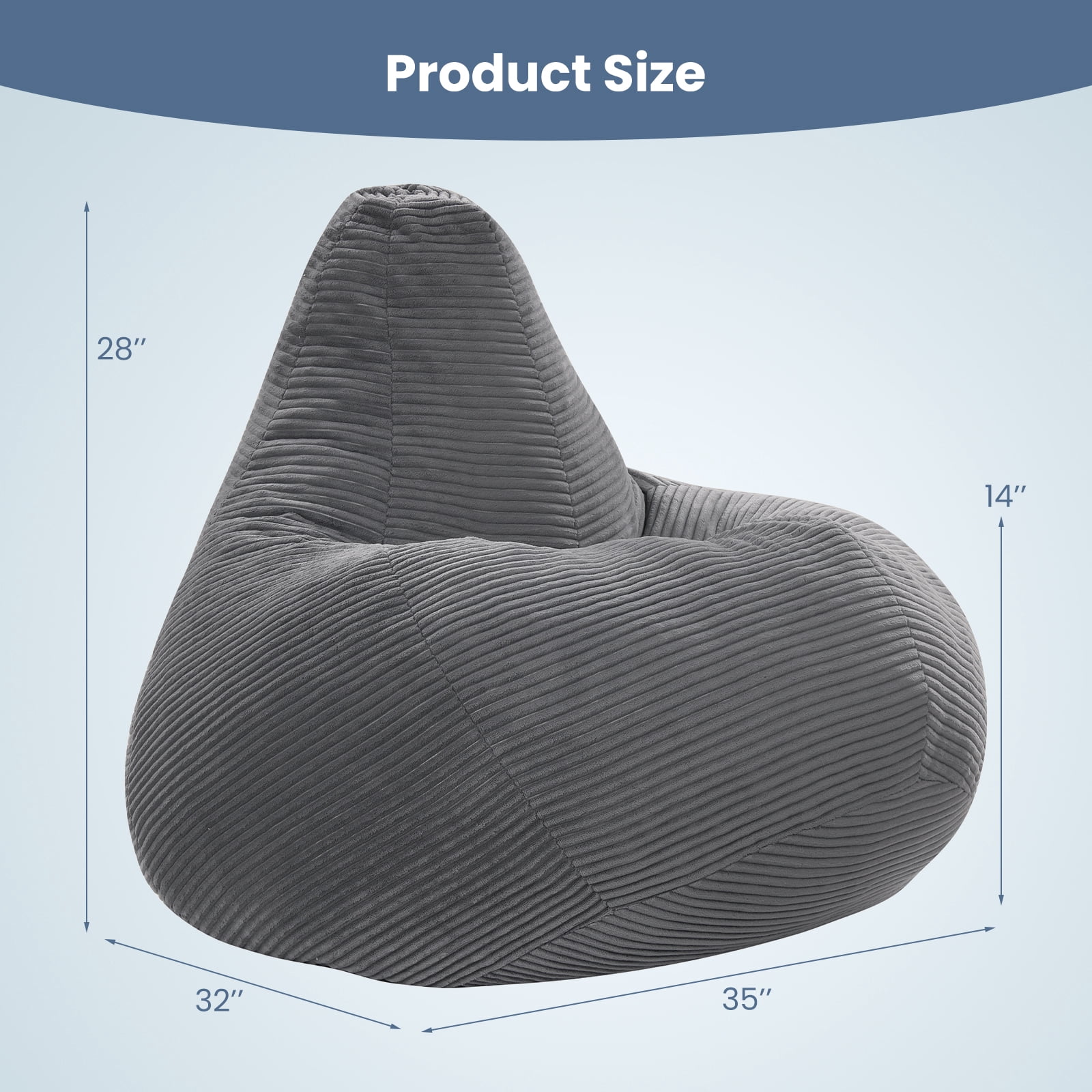 Costway Bean Bag Chair for Adults with Skin-friendly Corduroy Cover & Soft Sponge Filling Dark Gray
