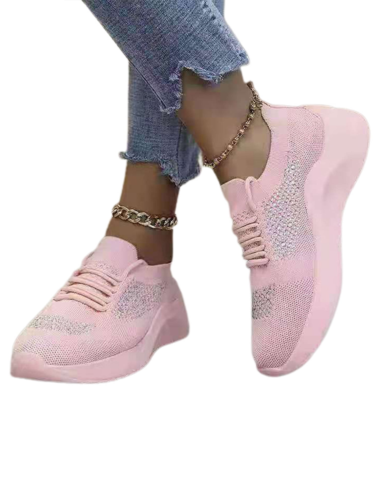 Women Running Trainers Lace Up Sneakers Sports Rhinestone Sock Comfy Shoes Size