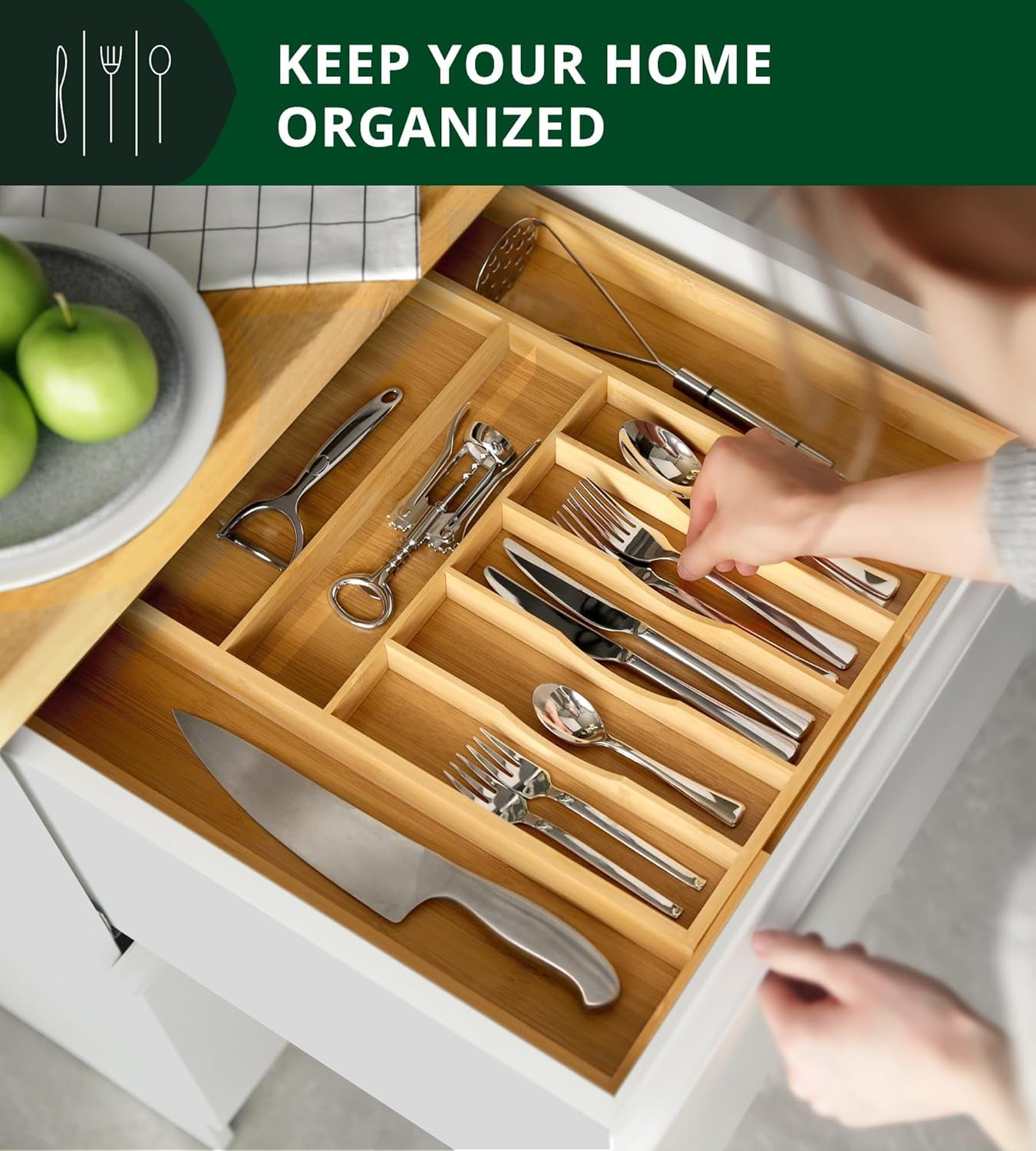 Royal Craft Wood Luxury Bamboo Kitchen Drawer Organizer - Silverware Organizer - Utensil Holder and Cutlery Tray with Grooved Drawer Dividers for Flatware and Kitchen Utensils (9 Slot, Natural)