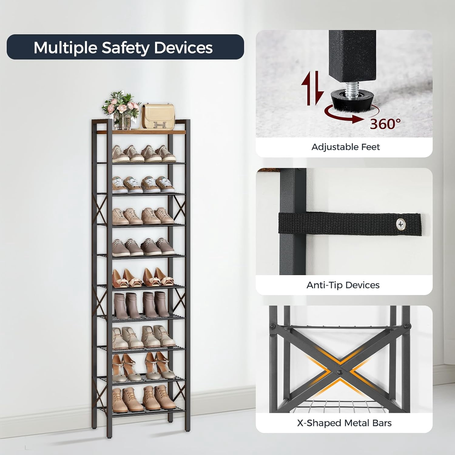 10-Tier Narrow Shoe Rack, Tall Shoe Rack for 10-20 Pairs, Slim Shoe Storage Organizer with Wooden Top, Space Saving, Metal Frame, for Entryway