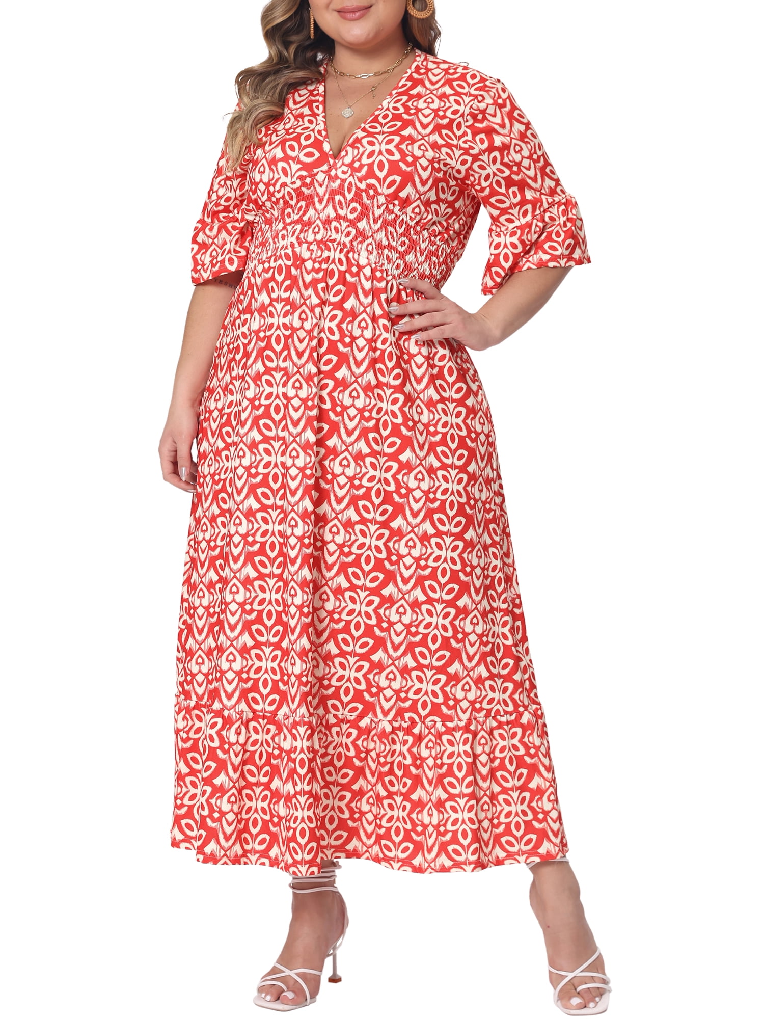 DARING DIVA Women's Plus Size Bell Sleeve Ruffled Hem Boho A Line Dress 1X Red