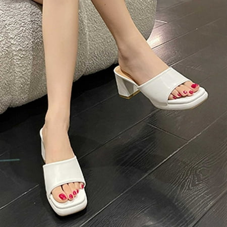 

jjayotai Clearance Sandals for Women Fashion Women s Summer High Heel Sandals Casual Beach Open-toe Shoes Chunky Heel Slippers Rollbacks White