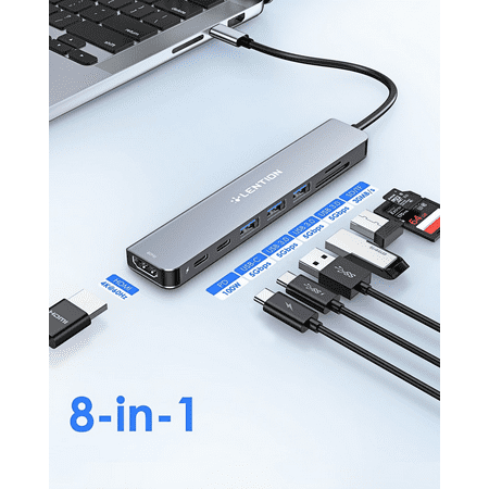 LENTION 8-in-1 USB-C Hub with 4K 60Hz HDMI,Multiport Adapter with 100W Power Delivery,5Gbps3 USB C Data,USB 3.0 and SD/TF Card Reader for 2023-2016 MacBook Pro, New Mac Air/Surface,More (CE18s)