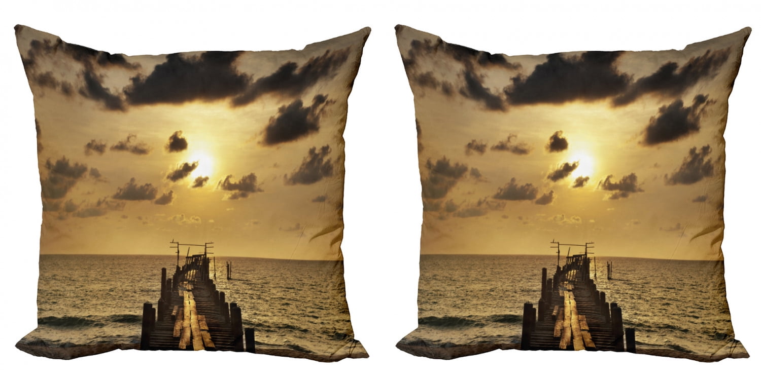Landscape Throw Pillow Cushion Cover Pack Of 2 Old Wooden Deck Pond Over The Sea Horizon Sunset Time Of The Day Peaceful Scene Zippered Double Side Digital Print 4 Sizes Yellow Grey By