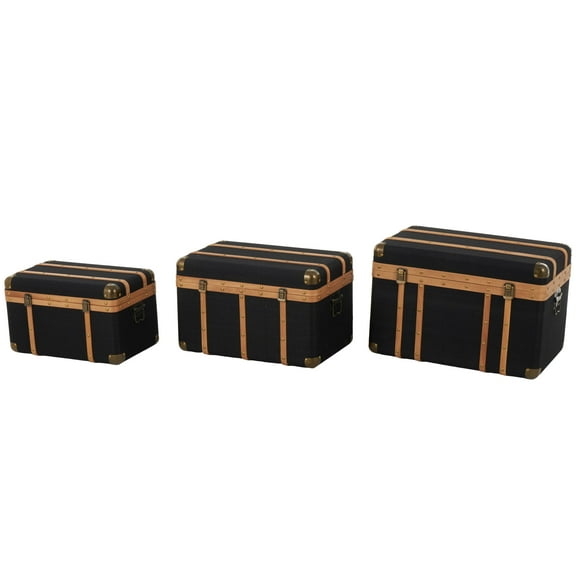 DecMode 22" x 14" Black Fabric Trunk with Brass Metal Latches and Brown Wooden Accents, 3-Pieces