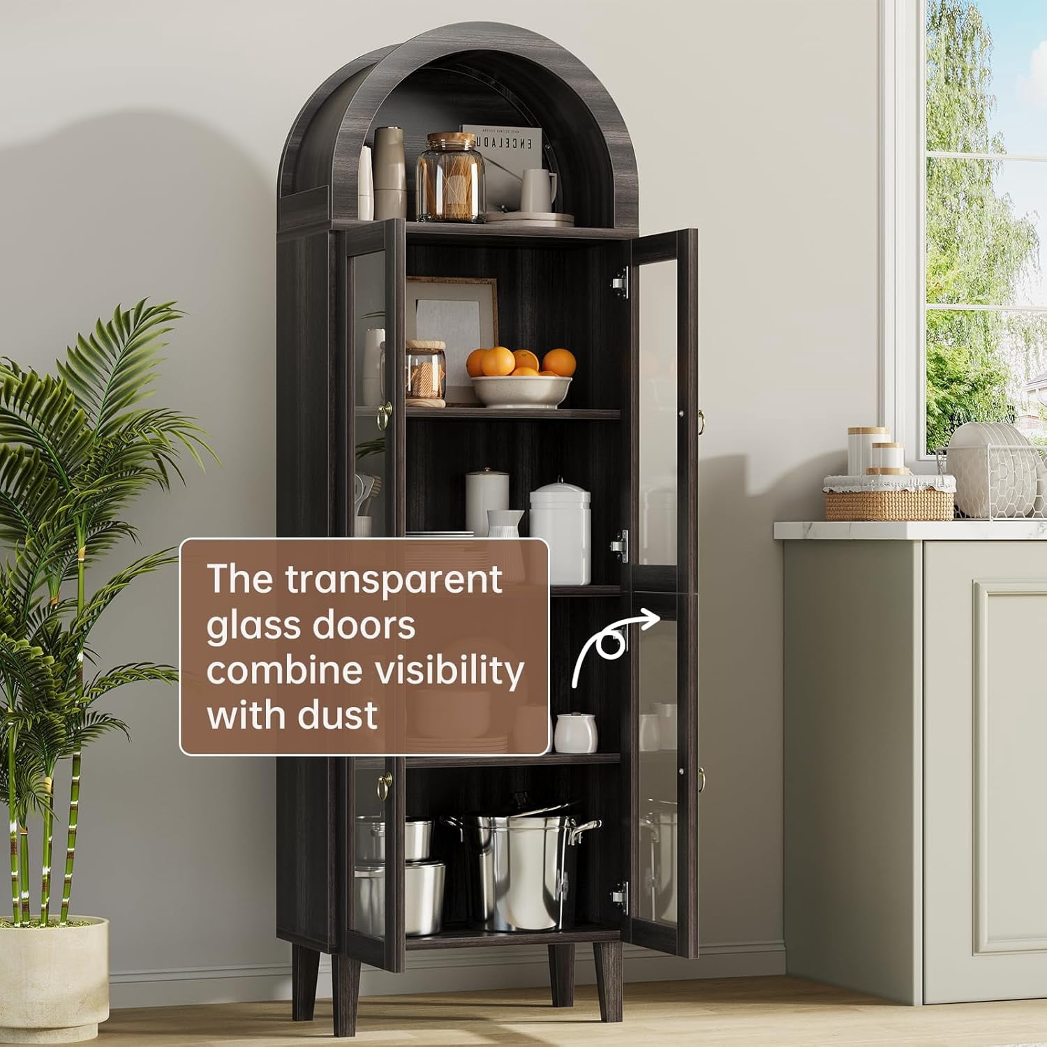 71" Tall Arched Cabinet with Acrylic Glass Door, Modern Curio Arched Bookcase, Display Cabinet Organizer, Kitchen Pantry with Top-Opening Storage Container for Living Dining Room, Black
