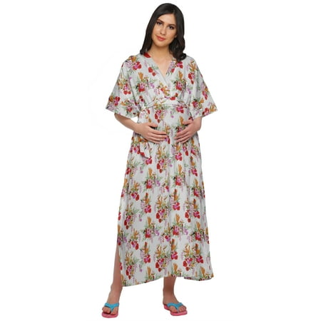 

Moomaya Womens Printed Kimono Sleeve Button Down Cotton Maternity Long Kaftan