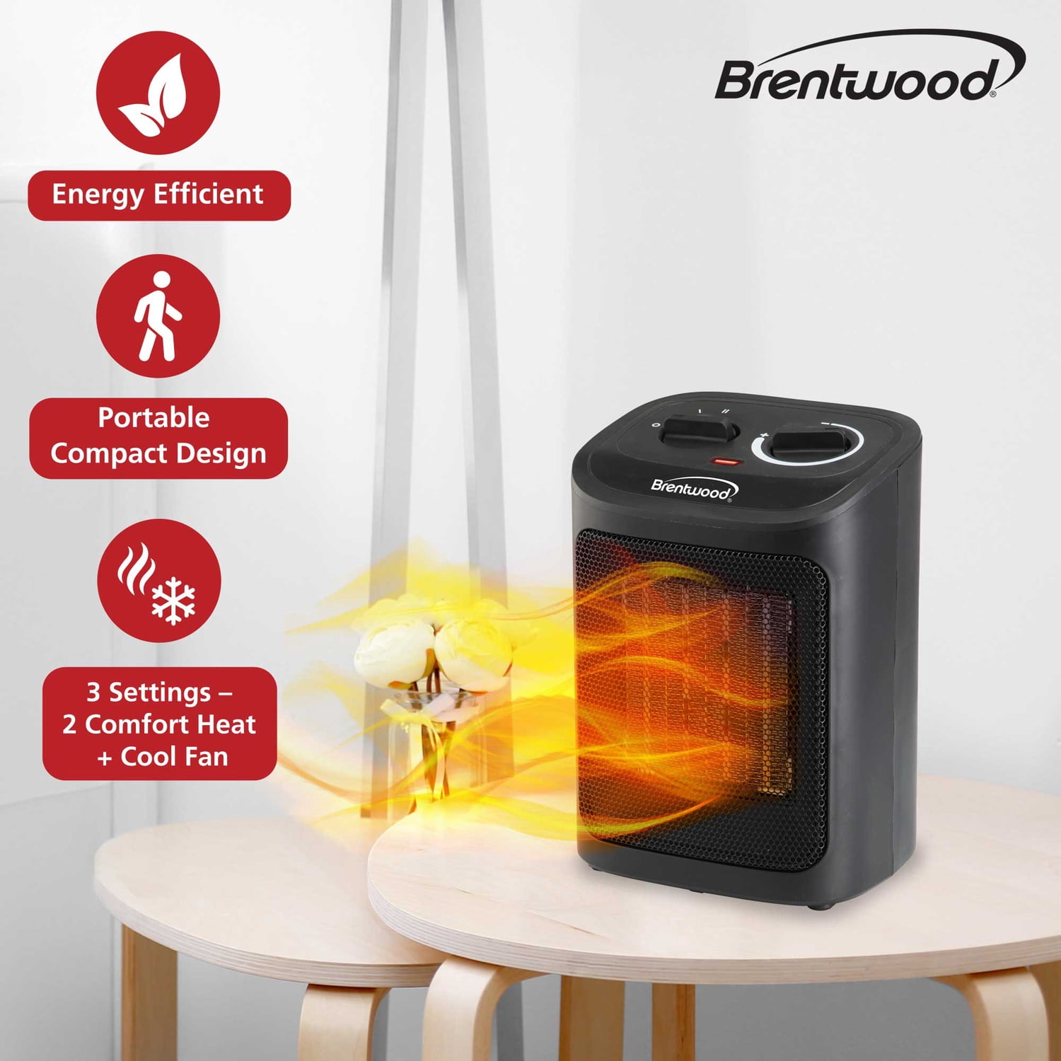 Brentwood 1,500-Watt-Max Portable Ceramic Space Heater and Fan, Black, H-C1603BK