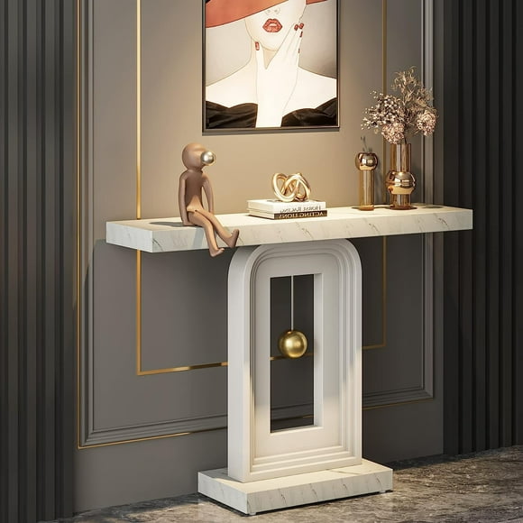 Modern Console Table with Geometric Base, 40 inch Narrow Sofa Entryway Table with Gold Decor