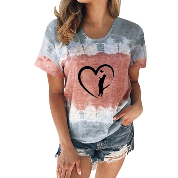 Mujeres Casual Cuello Redondo Manga Corta Estampado Jersey Blusa Camiseta Tops Sueltos OAVQHLG3B Store lin121212