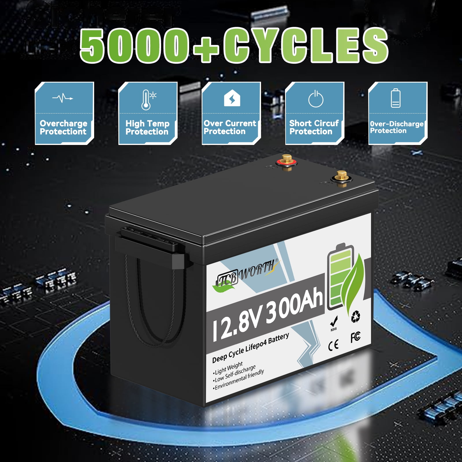 2PACK 12V 300Ah LiFePO4 Lithium Battery,TCBWORTH for RV,Solar,Marine,Caming,Home Energy Storage,off Grid,Built in 200A BMS,15000+ Deep Cycles
