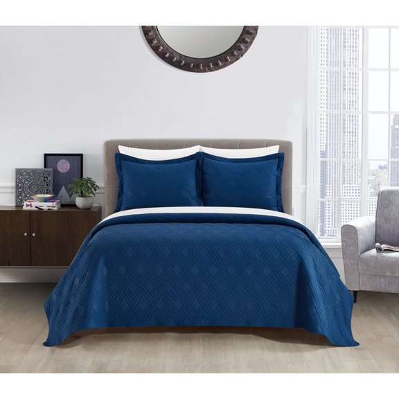 NY&C Home Marling 7-Piece Quilt Set Contemporary Geometric Diamond Pattern, Queen, Blue