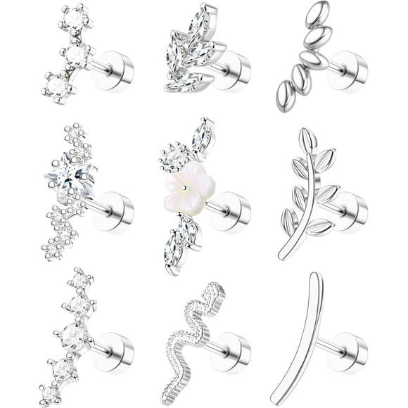 9Pcs Flat Back Cartilage Earrings for Women Trendy 16G Tragus Conch Helix Piercing Jewelry Stainless Steel Snake Star CZ Flat Back Stud Earrings Set Silver-9Pcs