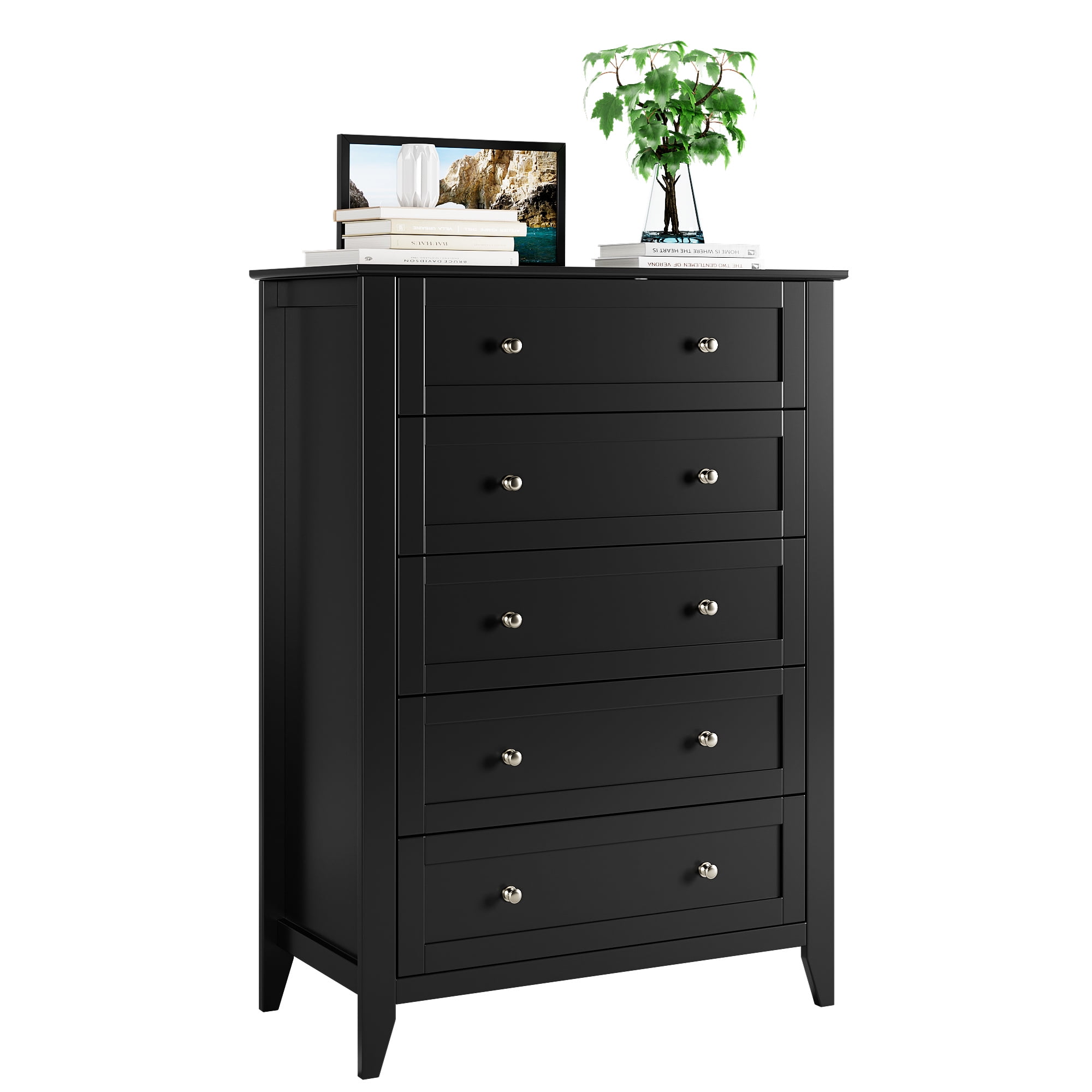 Homhougo Dresser for Bedroom Black with 5 Drawers, Tall Wood Organizer Storage Cabinet with Round Handle, Chest of Drawers for Closet, Living Room, Hallway, Nursery, Kids Bedroom