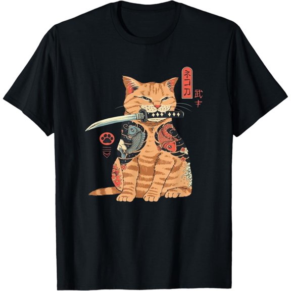 Japanese Samurai Ninja Cat Kawaii Tattoo Graphic T-Shirt