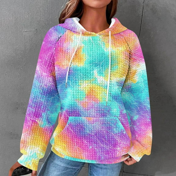 Goodtrade8 Womens Hoodies and Sweatshirts Waffle Knitting Tie Dye Pullover Sweatshirt with Pocket Casual Oversize Long Sleeve Hooded Tops for Women