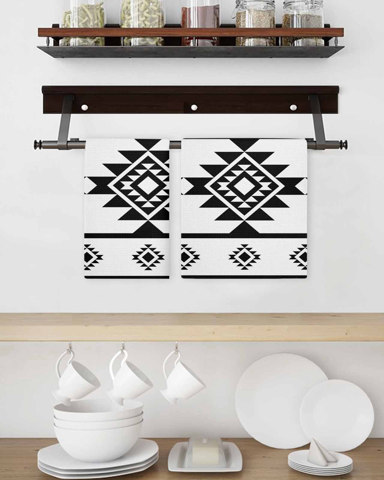 White Black Boho Kitchen Dish Towels for Drying Dishes Set of 3, Southwest Ethnic Abstract Geometric Waffle Weave Microfiber Hand Tea Bathroom Towels Quick Dry & Absorbent Towel 15.7x23.6