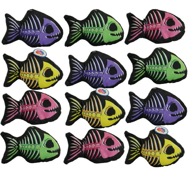 Nanco Plush - Skeleton Fish - 1 DOZEN BAG (3 of Each Color - Purple,  Yellow, Pink & Green)(7 inch)
