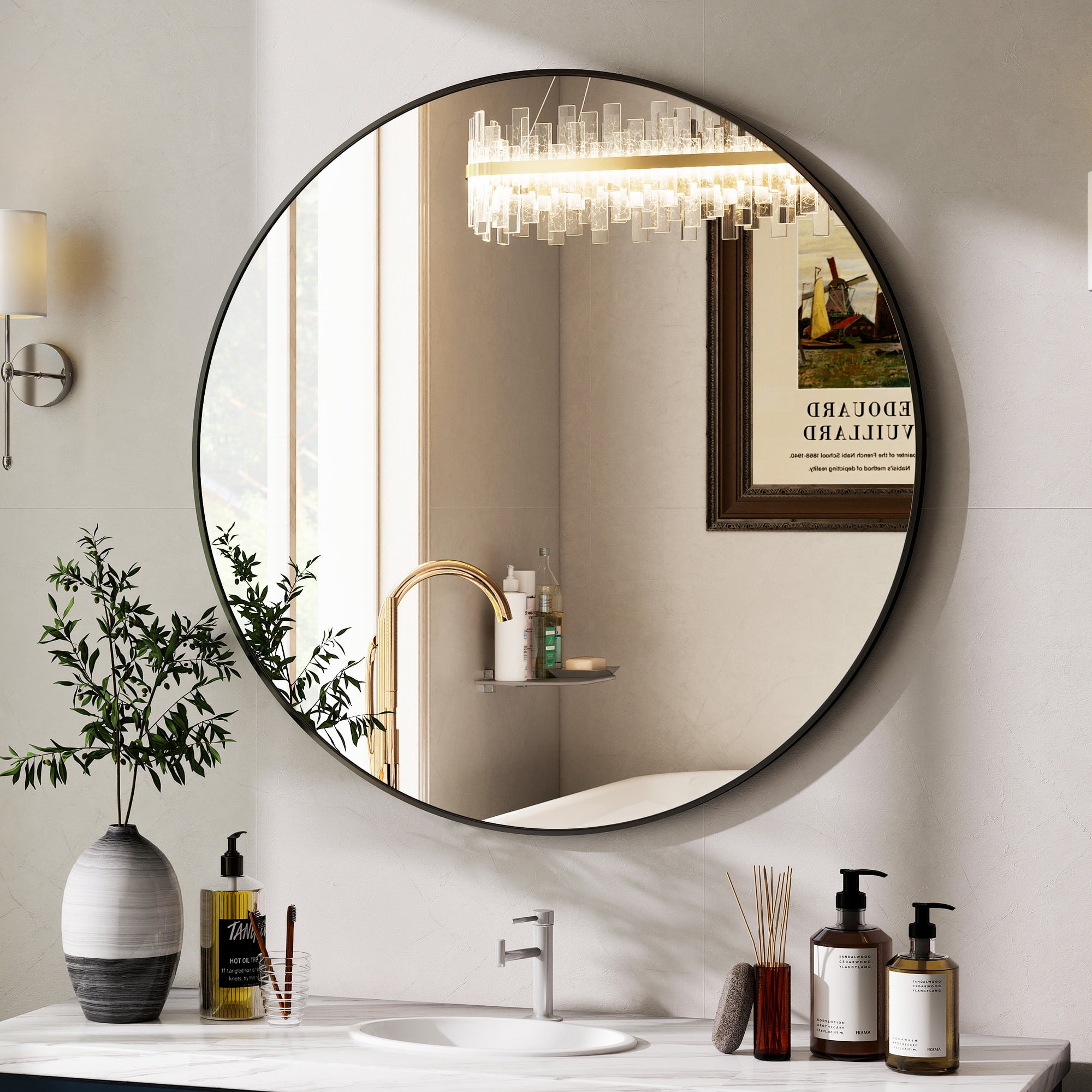 AUROMIR 24" Round Bathroom Mirror Wall Mounted Modern Vanity Mirror, Black