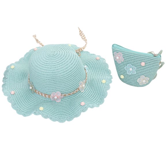 56-58cm hat circumference female summer straw hat cute flower sunscreen sun hat and straw bag set - Mint green