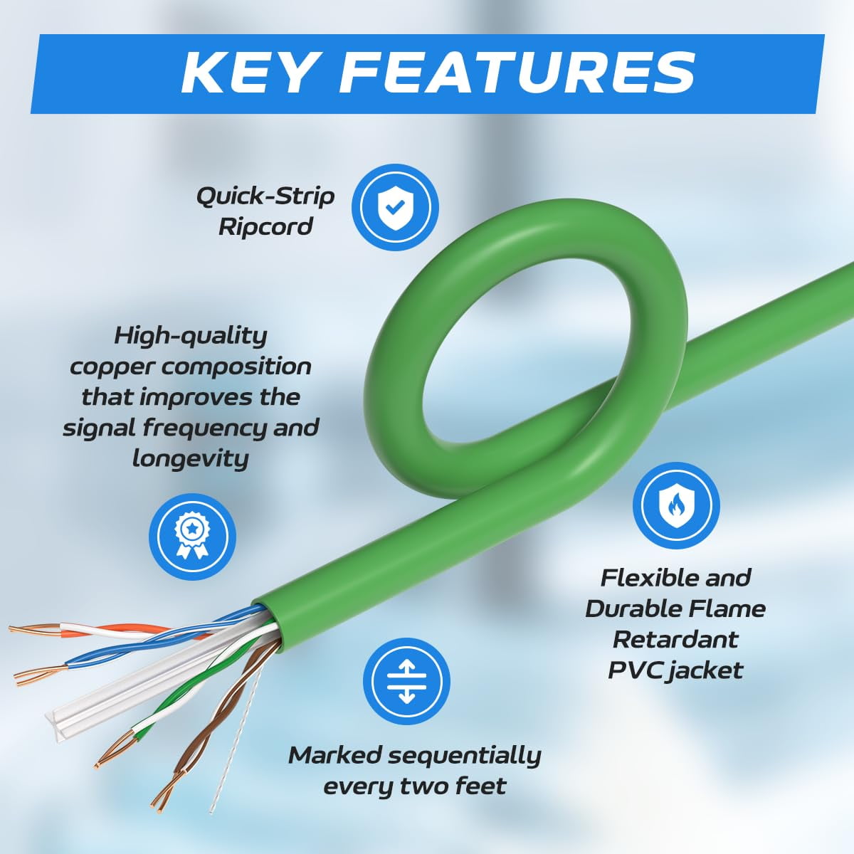 Cables Direct Online 1000FT Cat6 Solid Bare Copper 23AWG Bulk Ethernet Cable, CMR ETL Riser, 550MHz POE (Power Over Ethernet) Wire – Green