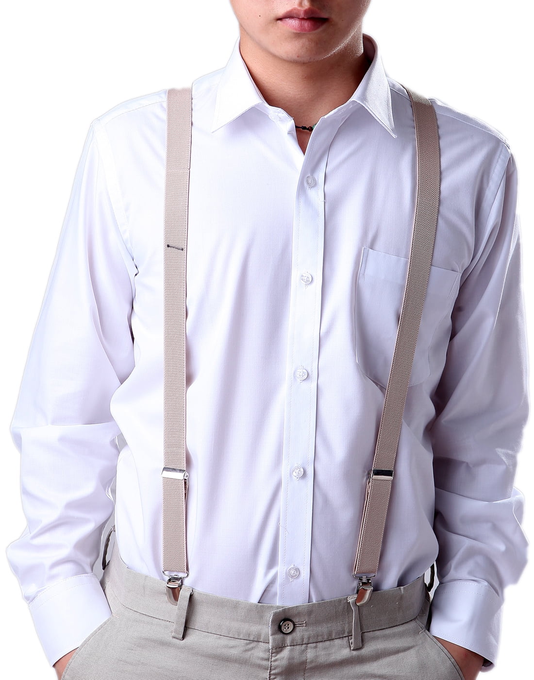 Mens Women Suspenders 1 Inch Elastic Adjustable Y-Back Clip-on Suspender Braces Beige