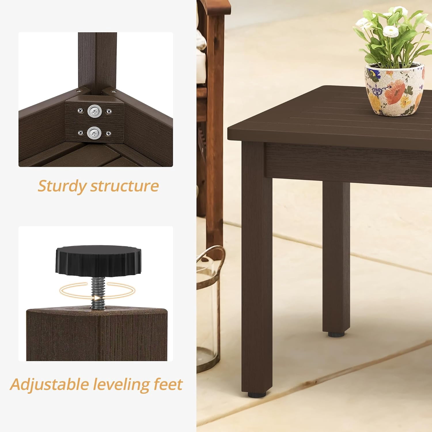 Dycanpo Outdoor Coffee Table Rectangle, HDPS Patio Tables for Outside, 17.7"x 35"x17.7", Dark Brown