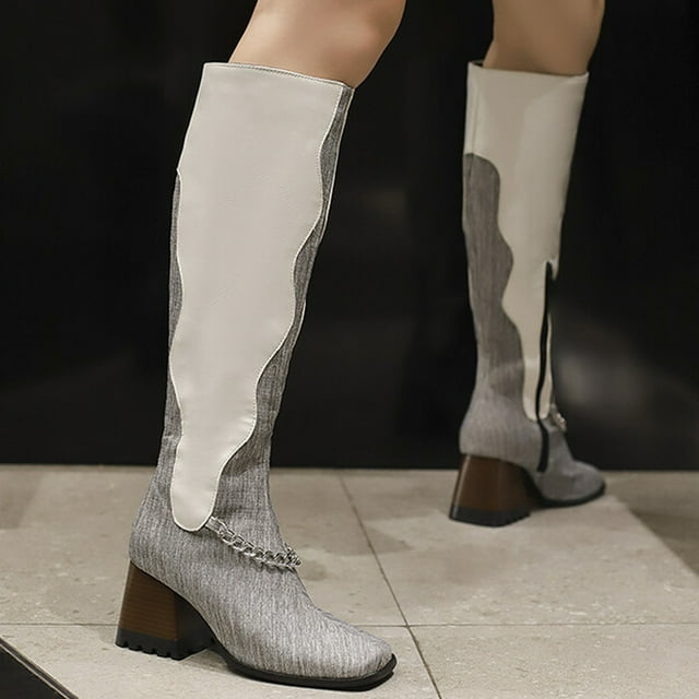 Cameland Oversized Women's Fall/Winter Velvet Lining Color Matching Rectangle Toe Thick High Heels Long Chain Boots