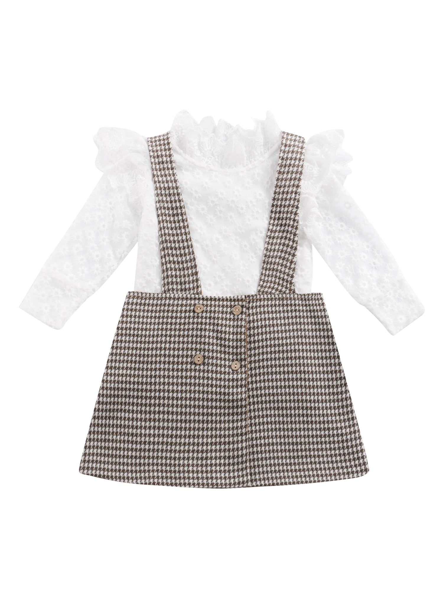 Fanvereka Toddler Kids Baby Girl 2pcs Clothes Set Lace T Shirt Top Button Plaid Suspender Skirts Outfits Walmart Com