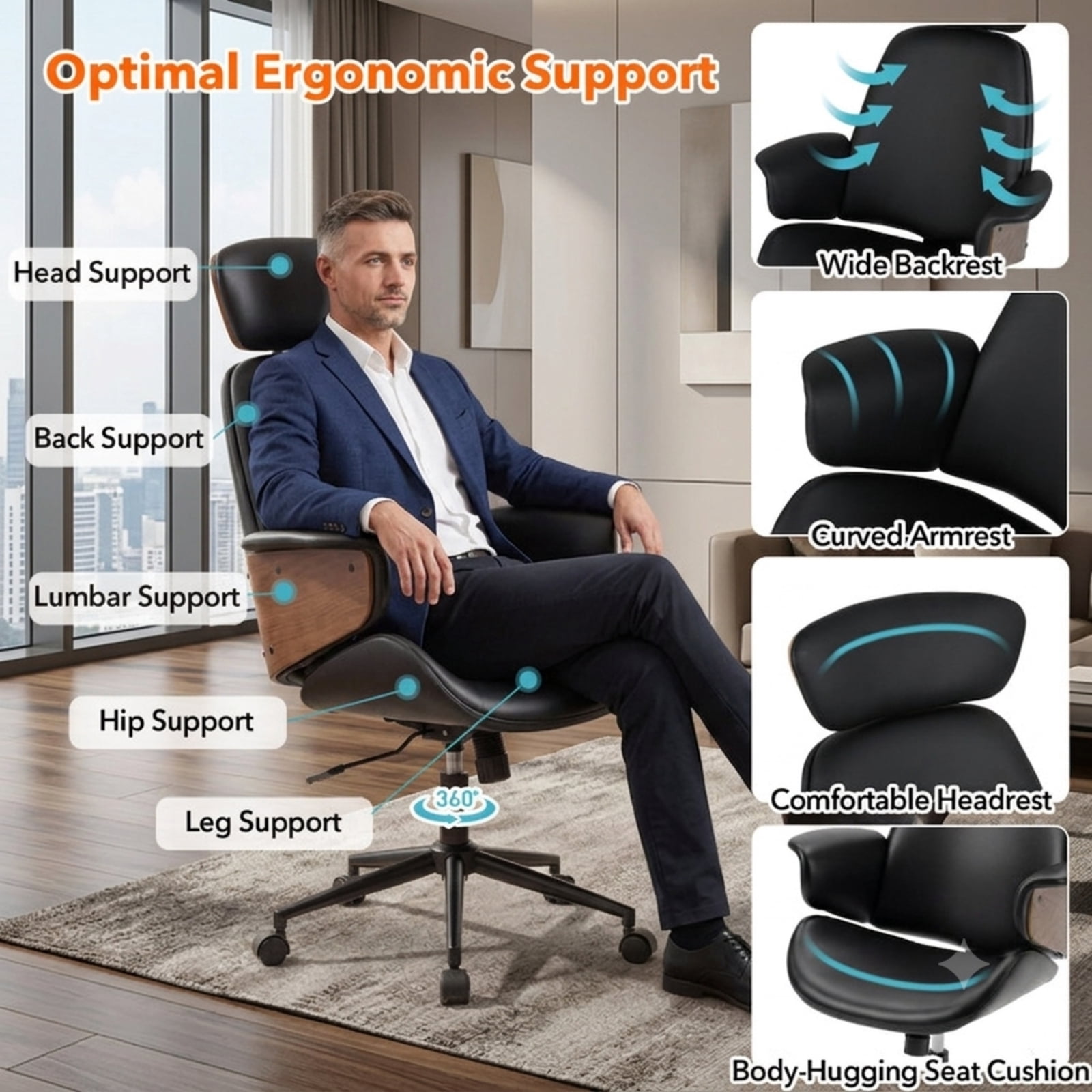 Furnibear Ergonomic Office Chair High Back Faux Leather Computer Chair with Adjustable Headrest Rocking Backrest and Curved Arms, Black