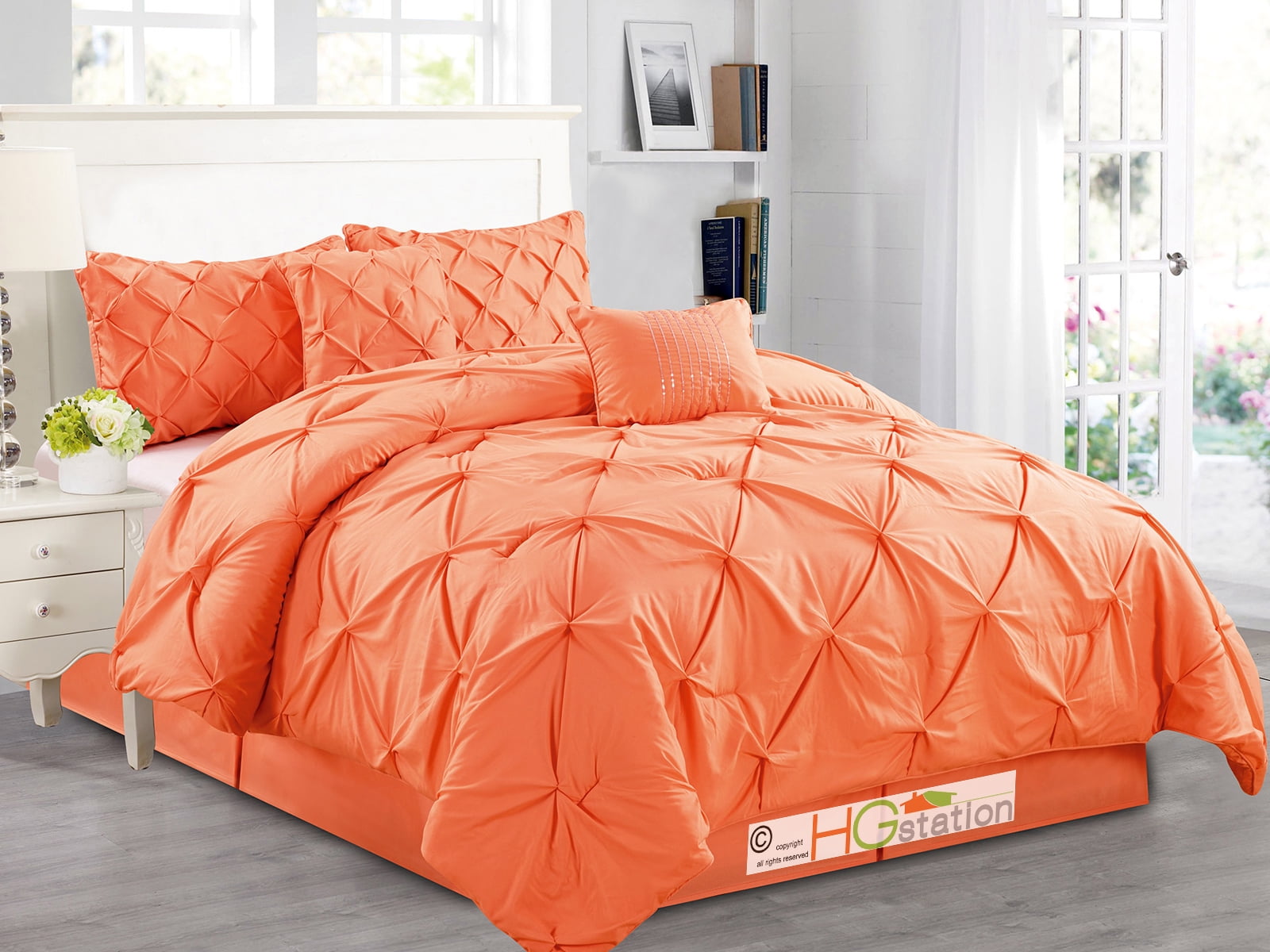 6Pc Diamond Ruched Pinched Pleated Ruffled Pintuck Comforter Set Orange Pumpkin Carrot Queen