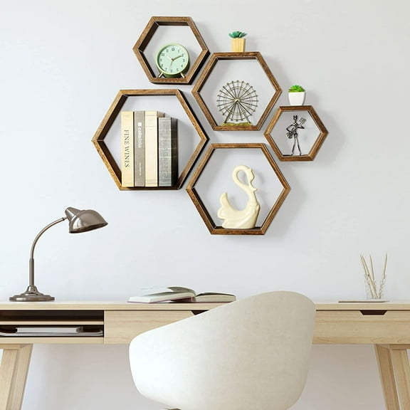 Set of 5 Hexagon Wall Decor Shelf Honeycomb Storage Hanging Shelves Farmhouse