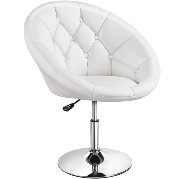 Leather Vanity Chair with Back, 360-Degree Swivel Stool, Adjustable Height Tufted Makeup Desk Chair for Bedroom, Dressing Table, Living Room, White