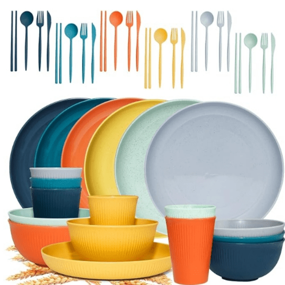 42Pcs Wheat Straw Dinnerware Sets, Unbreakable Plates and Bowls Sets, Eco Friendly Non Breakable Dinnerware, Dishwasher Microwave Safe Dinnerware