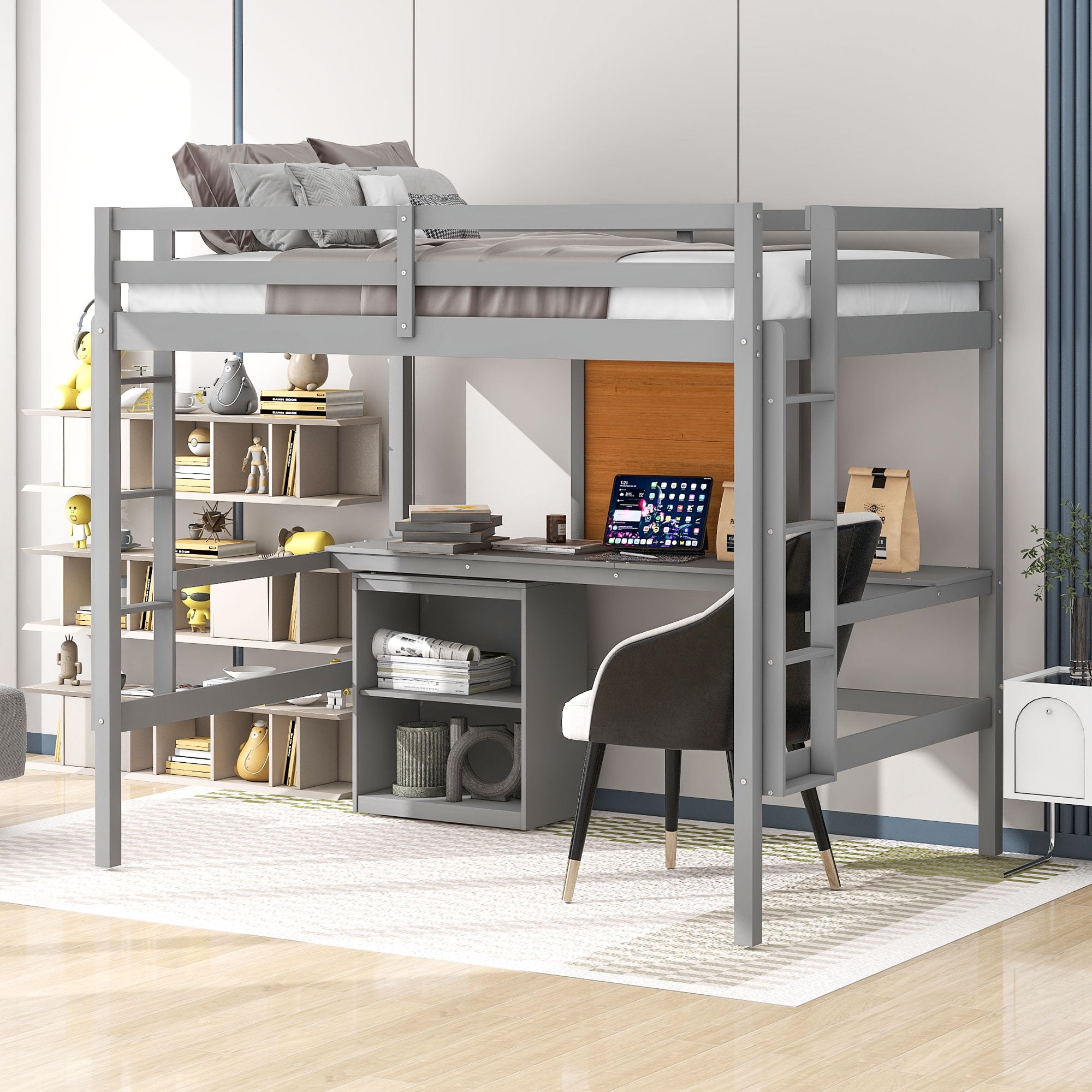 Bellemave Full Size Loft Bed with Desk and Writing Board,Solid Wood Full Loft Bed Frame with 2