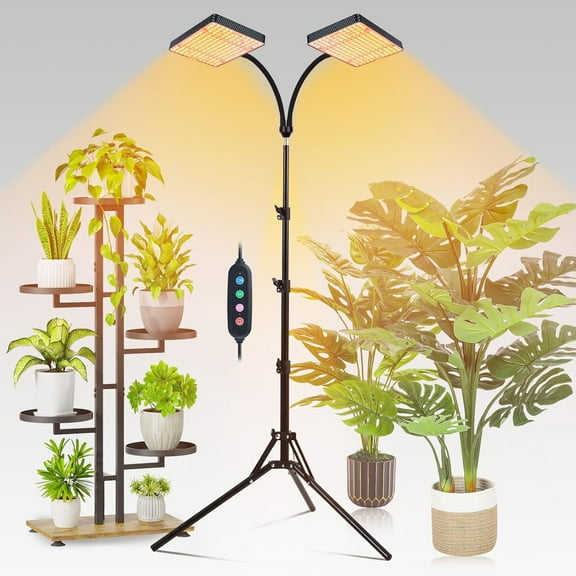 2-Head Grow Light with Stand 50W, 2025 Grow Lights for Indoor Plants, Full Spectrum LED Plant Grow Light for Houseplants, Bonsai Tree, 4,8,12,16 Hr Timer and 360° Gooseneck