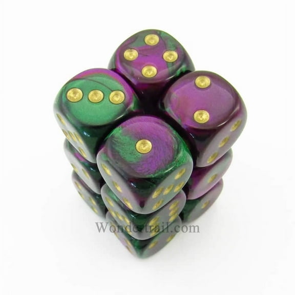 Green and Purple Gemini Dice with Gold Pips D6 16mm (5/8in) Pack of 12 Chessex