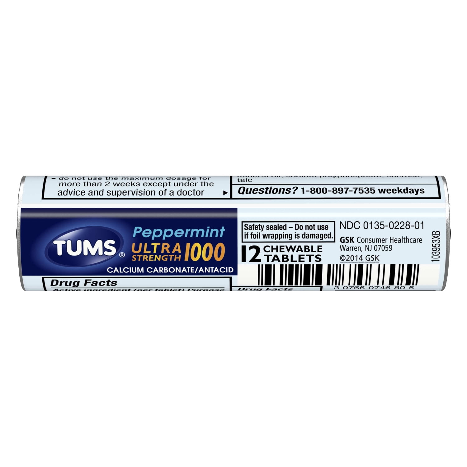 TUMS Antacid Chewable Tablets for Heartburn Relief, Ultra Strength, Peppermint, 12 Tablets