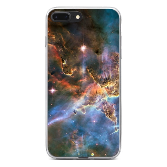 DistinctInk Clear Shockproof Hybrid Case for iPhone 7 PLUS / 8 PLUS (5.5" Screen) - TPU Bumper, Acrylic Back, Tempered Glass Screen Protector - Blue Pink Orange Carina Nebula - Love of Astronomy