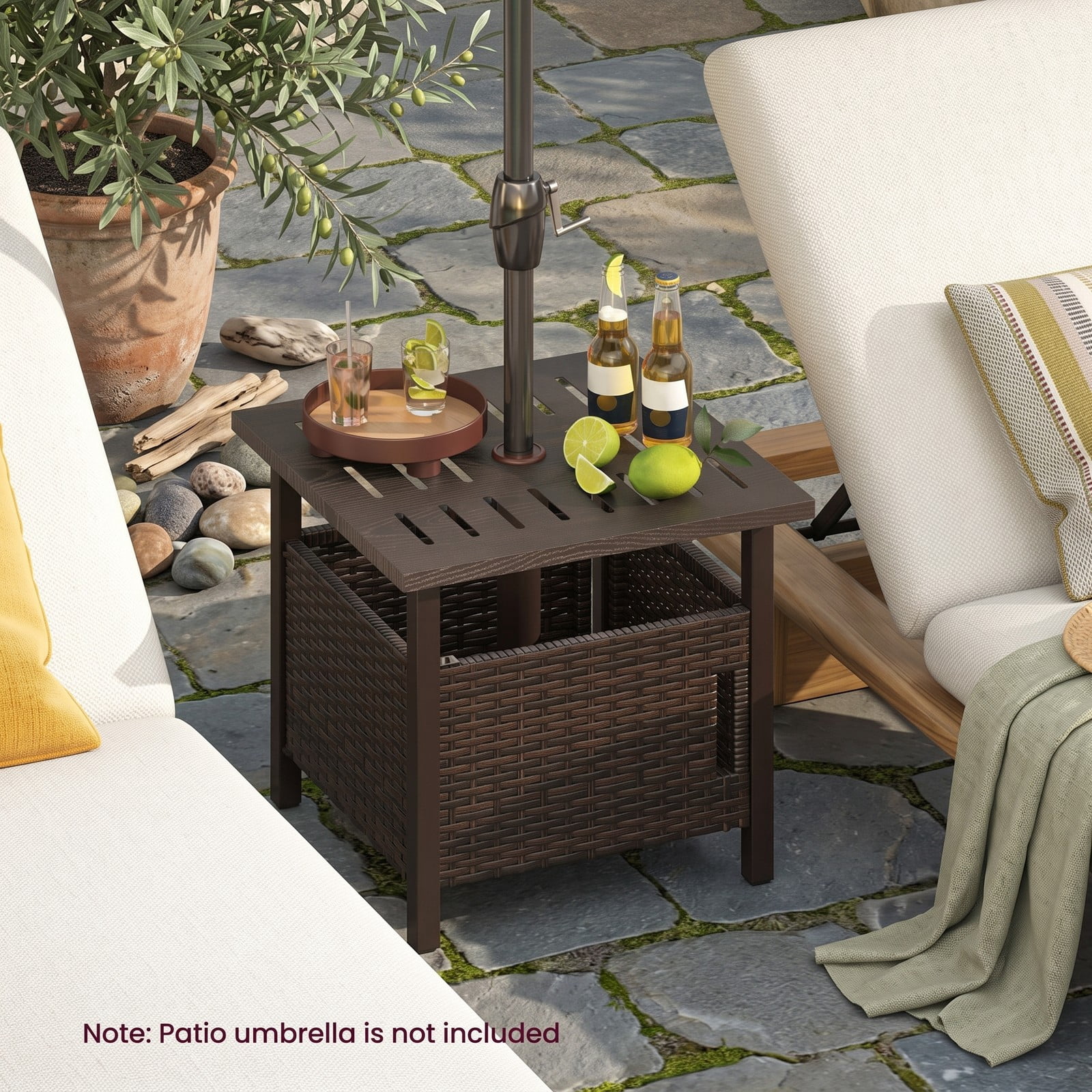 Furnibear Outdoor PE Wicker Patio Umbrella Side Table with 1.93 Inch Umbrella Hole for the Backyard and Poolside, Mix Brown