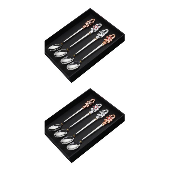 Ounissouiy Cuchara de acero inoxidable 304 con mango largo y cabeza de flor, café, sopa, bebida, cereal, postre, comedor, cucharadita No.02 2piezas Ounissouiy CBP056665