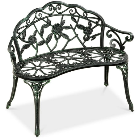 Best Choice Products Outdoor Bench Steel Garden Patio Porch Furniture w/ Floral Accent, Antique Finish - Black/Green
