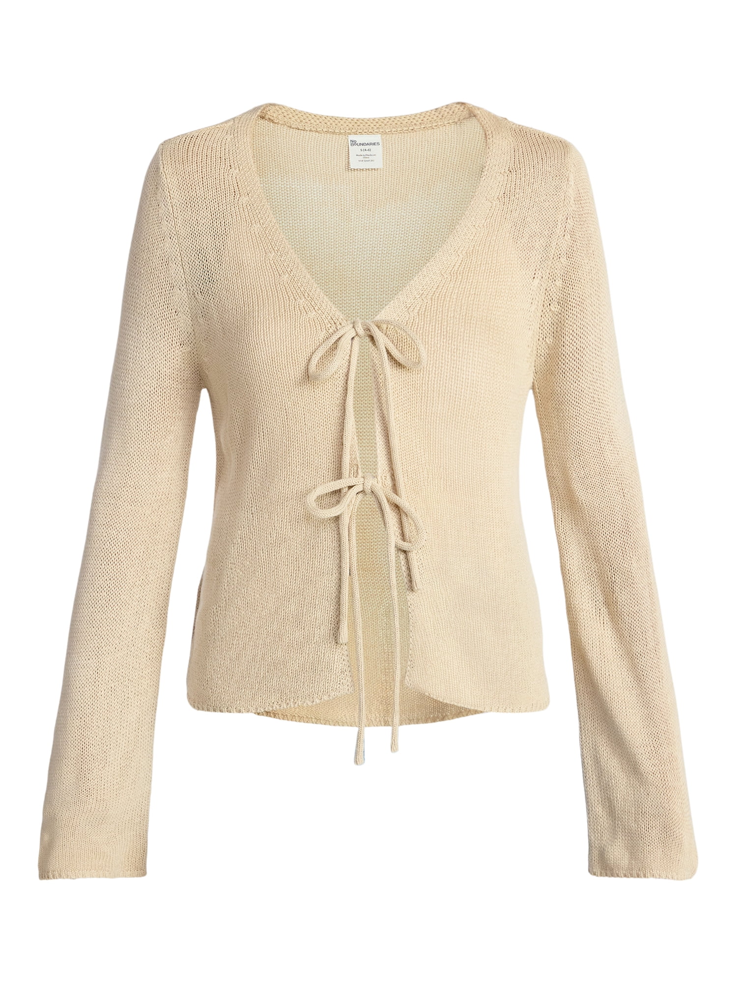 No Boundaries Tie Front V-Neck Cardigan with Bell Sleeves, Women's & Women's Plus XXS-4X